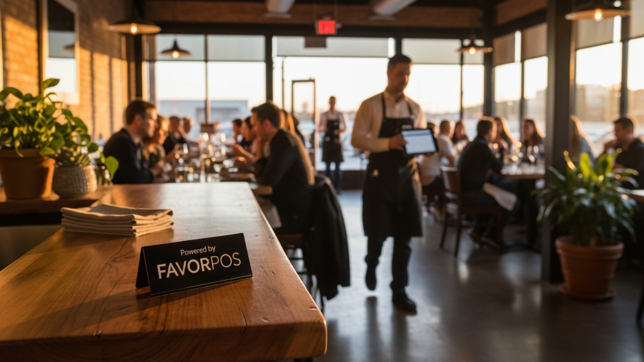 A busy restaurant scene highlighting efficient operations powered by FAVORPOS technology.