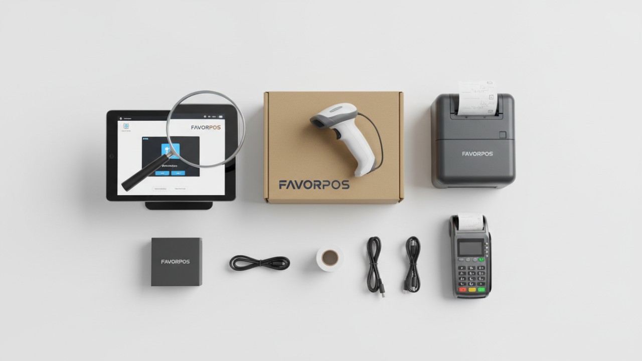 A collection of FAVORPOS branded point of sale hardware arranged for professional inspection and expert review.