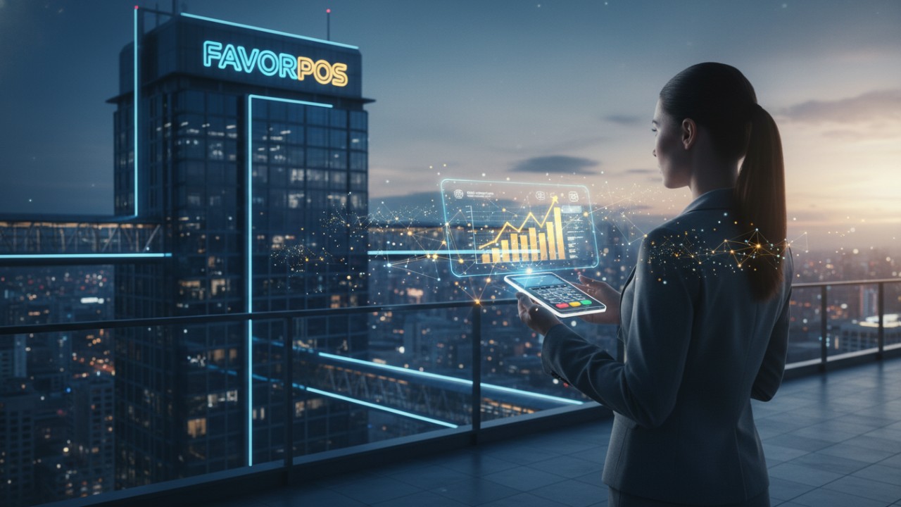 A conceptual business success illustration featuring rising growth charts and a FAVORPOS branded office building.