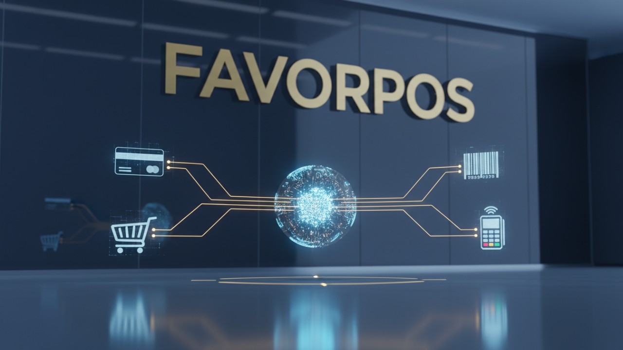 A conceptual digital artwork representing retail connectivity and success with the FAVORPOS brand name featured prominently