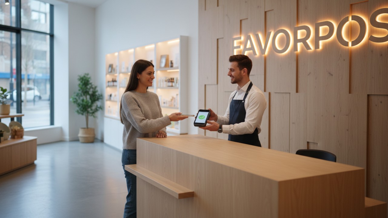 A customer making a mobile payment on a handheld POS system in a store with FAVORPOS branding on the wall.