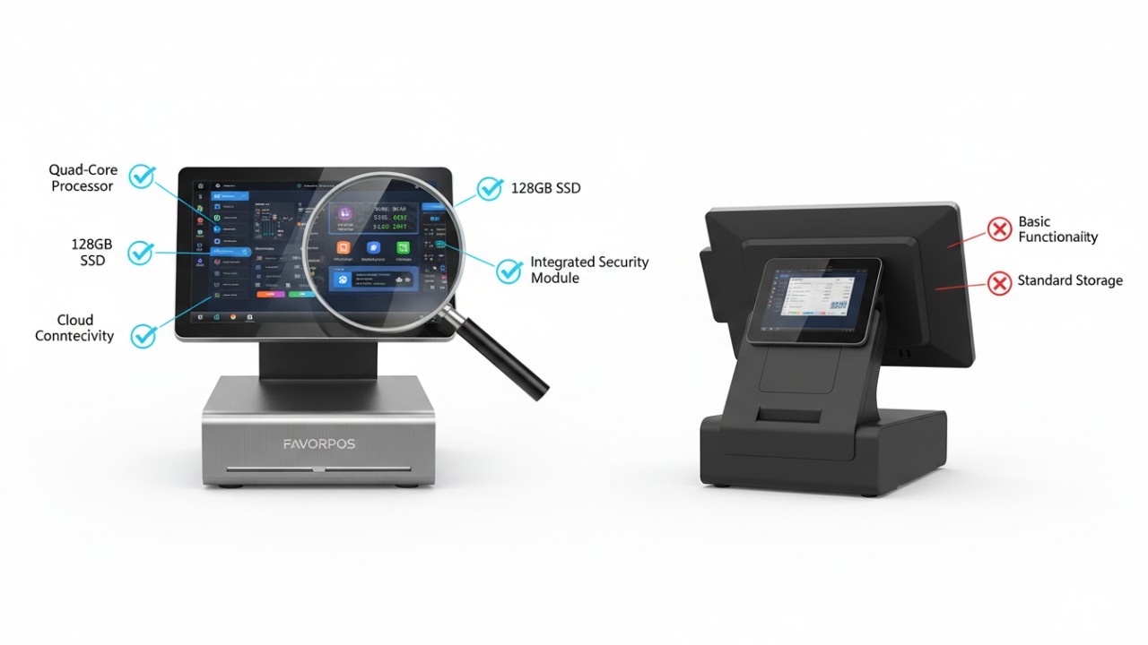 A detailed gap analysis comparison between a standard terminal and a premium FAVORPOS system highlighting technical hardware details.