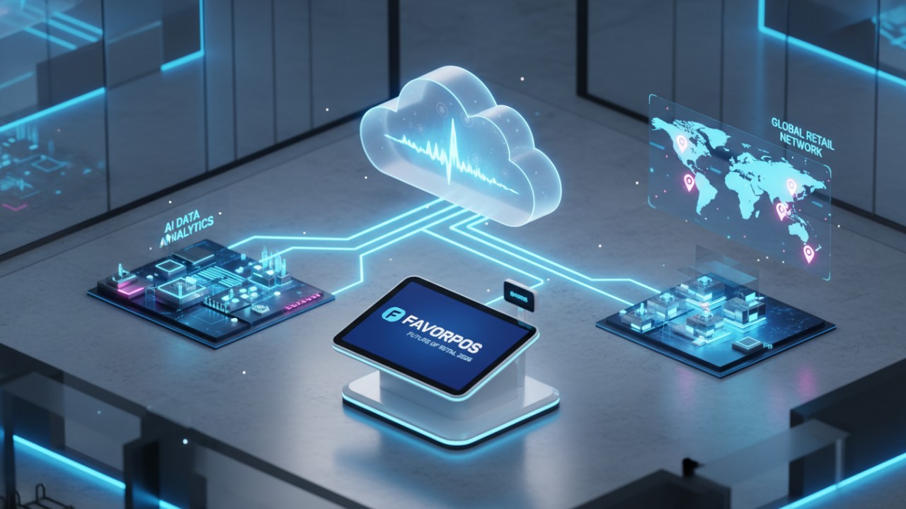 A futuristic 3D illustration of enterprise POS trends for 2026 featuring a cloud network and a FAVORPOS branded terminal.