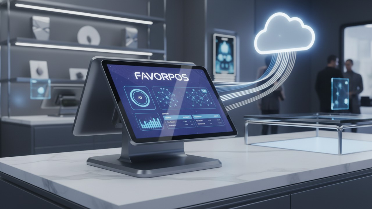 A futuristic FAVORPOS point of sale terminal in a modern retail setting showing cloud connectivity and data visualization.