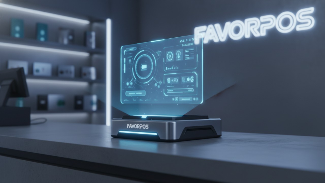 A futuristic representation of point of sale technology featuring a FAVORPOS neon sign in a modern retail setting