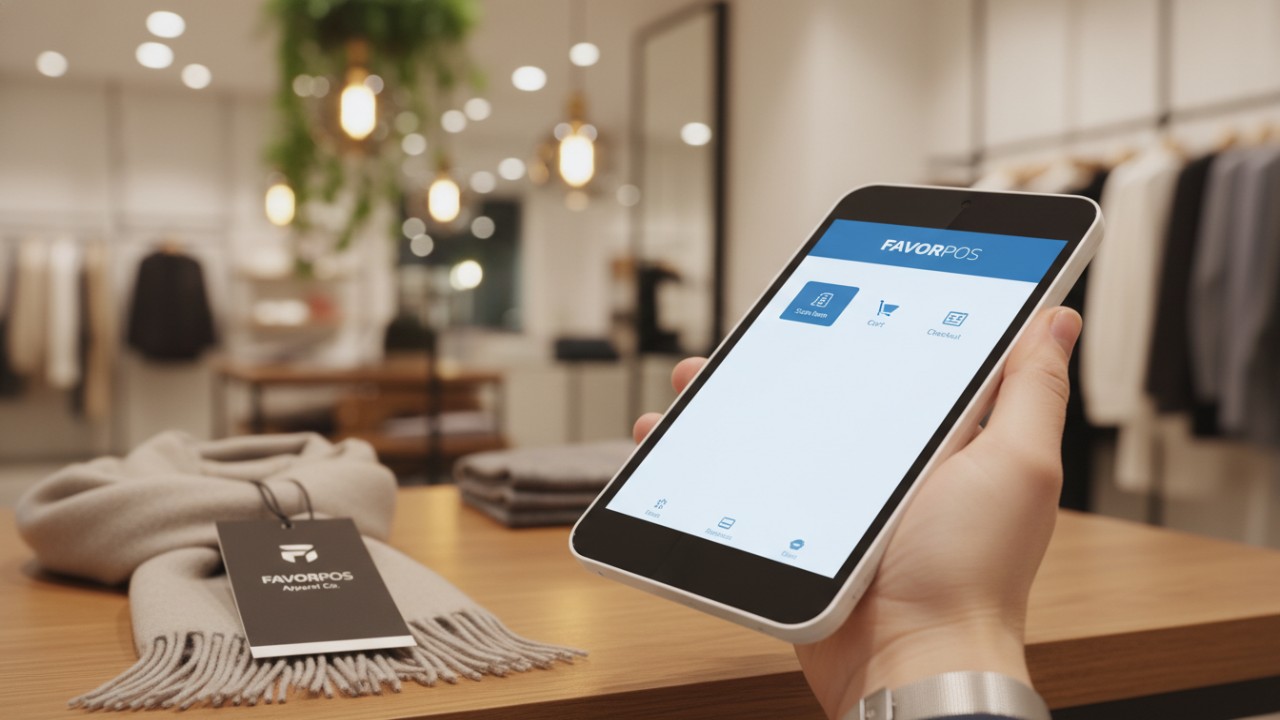 A handheld mobile POS device featuring the FAVORPOS logo on the screen being used in a retail environment.