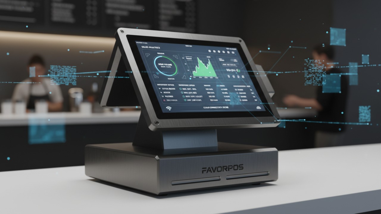 A high-tech FAVORPOS point of sale terminal featuring an advanced inventory dashboard and durable hardware design.