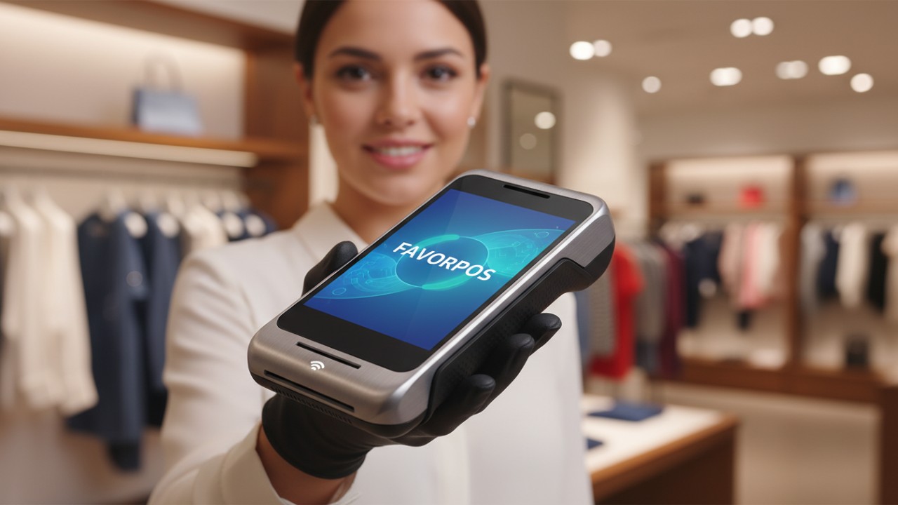 A modern handheld mobile POS device with the FAVORPOS logo on the screen being held by a retail worker in a stylish shop.