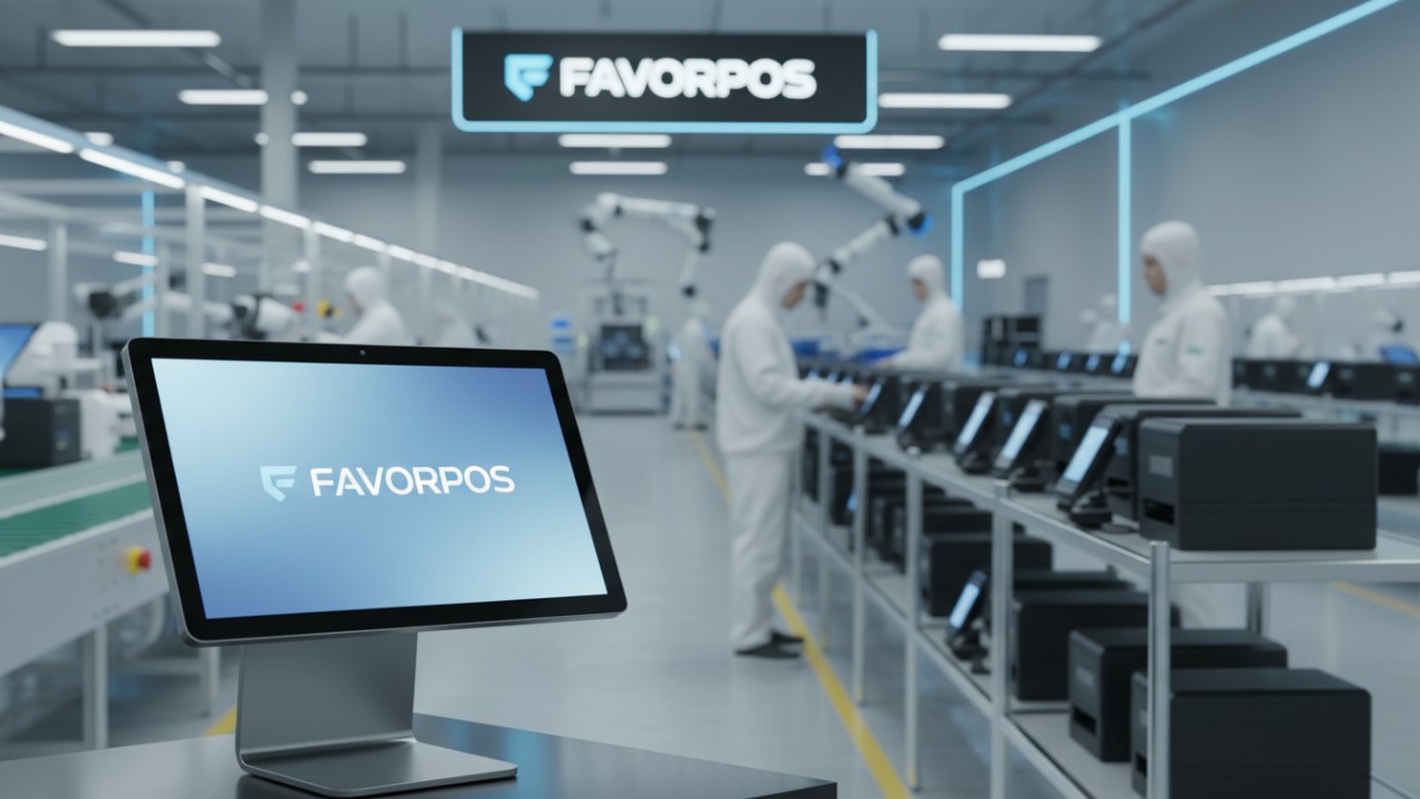 A modern POS hardware distribution center showing smart terminals and scanners with the FAVORPOS brand name on a screen