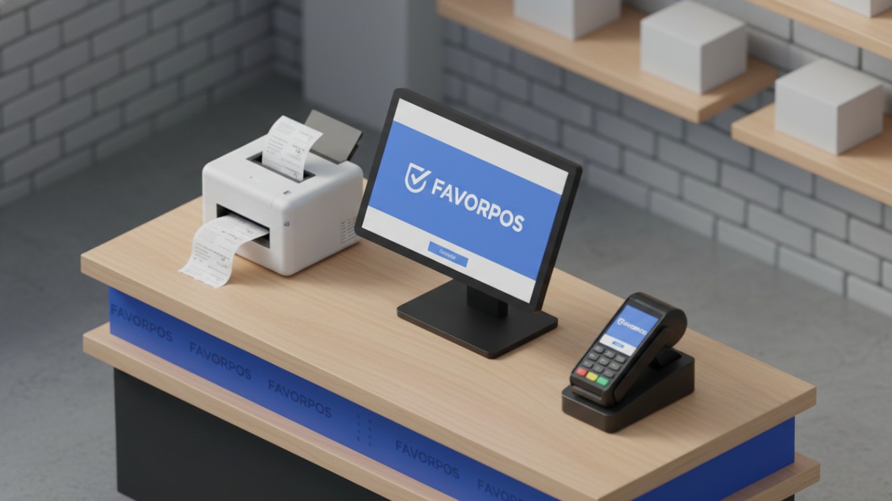 A modern retail POS system setup including a touchscreen monitor and thermal printer with the FAVORPOS logo displayed on the screen