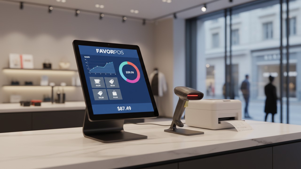 A modern touchscreen POS terminal and peripherals displaying the FAVORPOS brand in a clean retail setting.