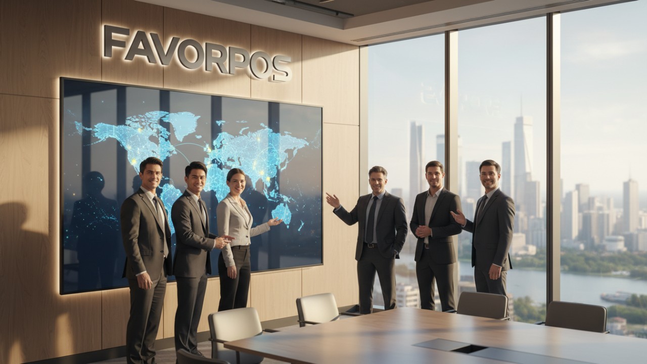 A professional corporate scene showing executives in front of a global map with FAVORPOS branding on the office wall.