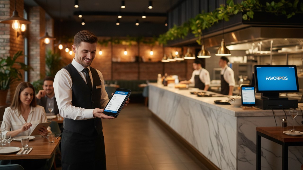 A restaurant server using a FAVORPOS handheld mobile terminal to take an order in a busy upscale dining environment