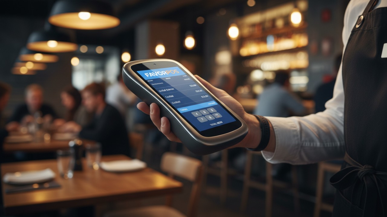 A server using a FAVORPOS handheld POS device to process a payment in a restaurant.