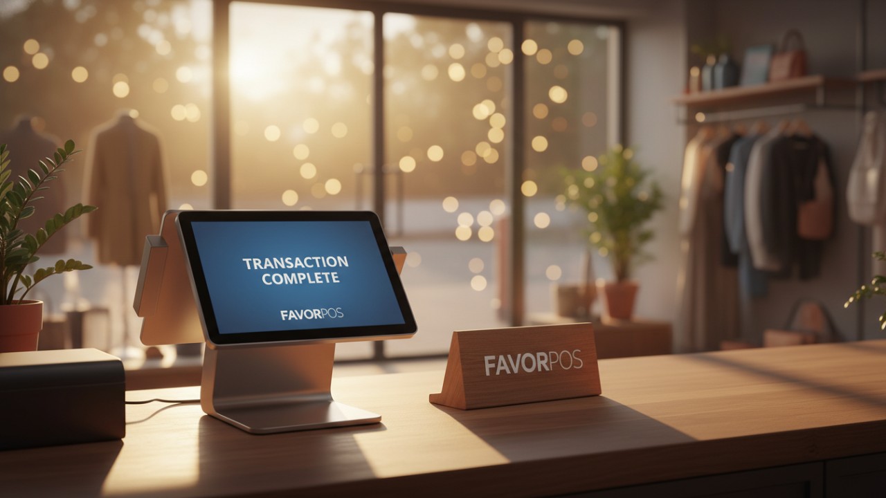 A successful business checkout counter featuring a FAVORPOS system representing a positive conclusion and investment return.