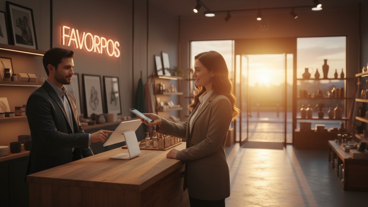 A successful modern retail store environment featuring a customer checkout and a FAVORPOS neon sign in the background