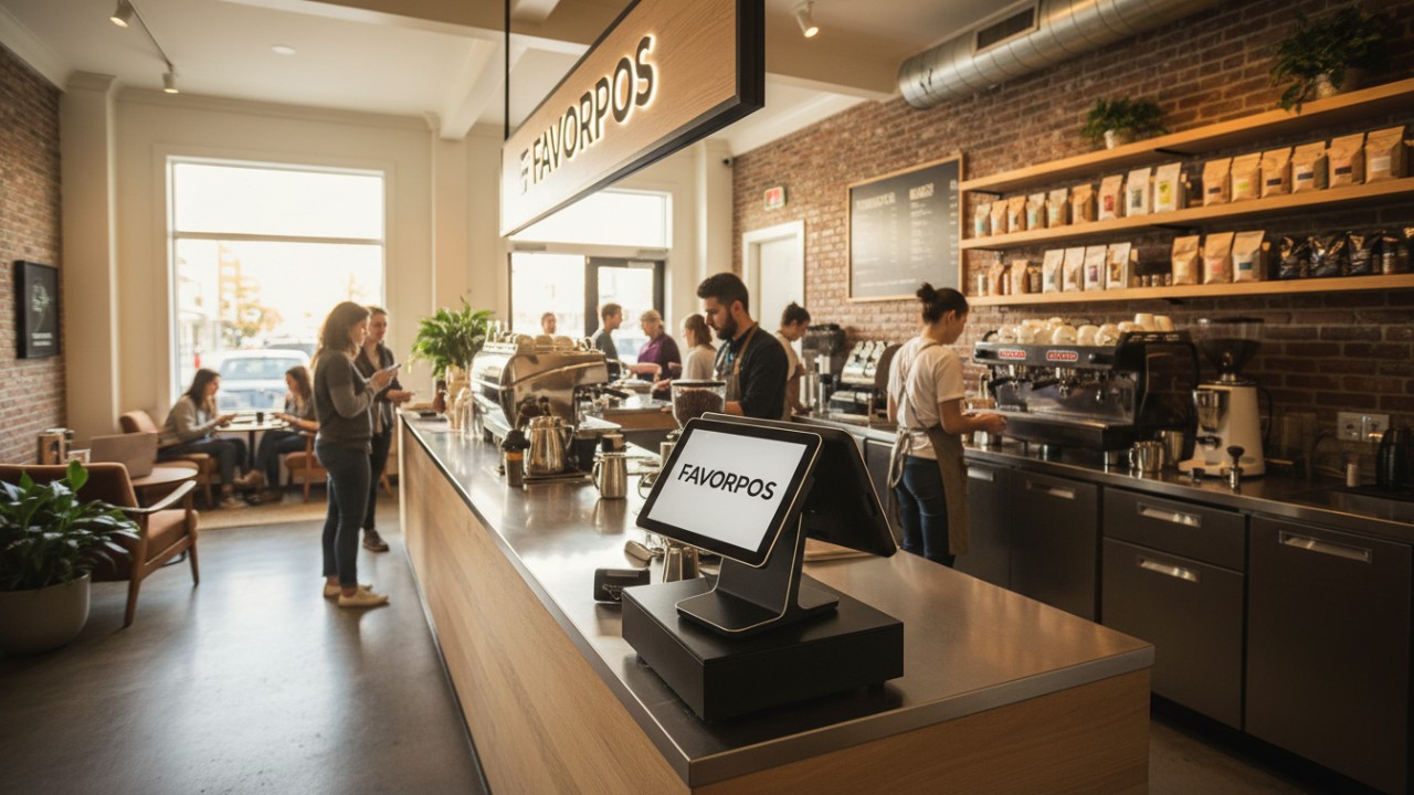 A thriving modern coffee shop interior with the FAVORPOS system integrated into the service counter.