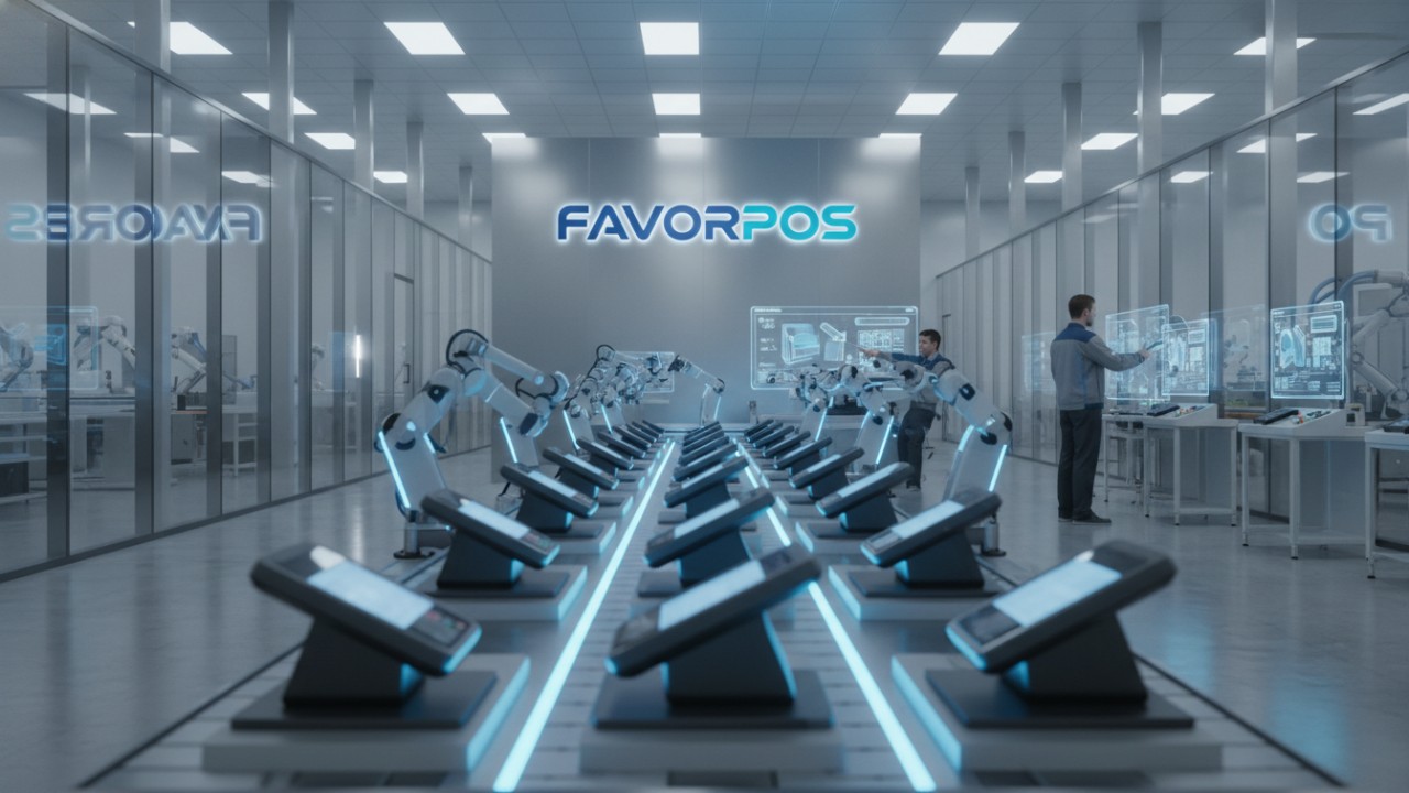 An advanced electronics manufacturing facility showing the production line and quality control of FAVORPOS mobile POS systems.