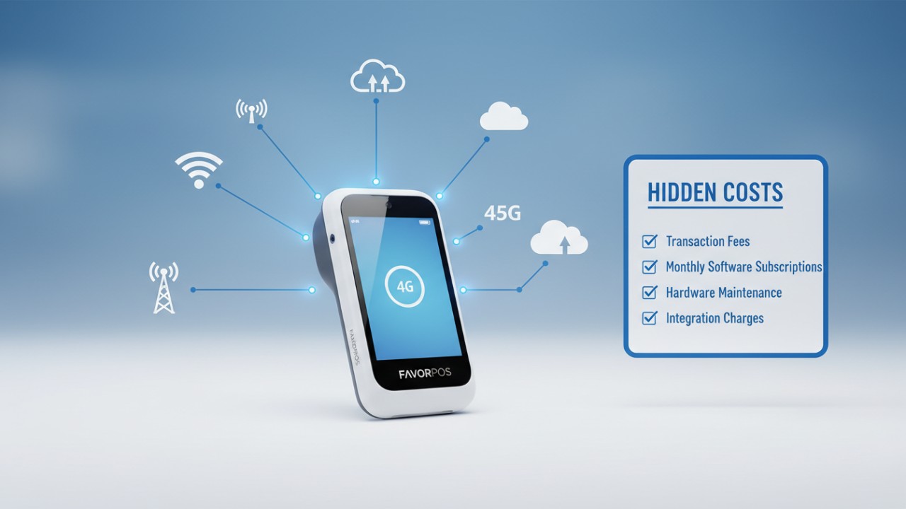 An infographic illustrating POS connectivity and cost analysis with a FAVORPOS branded device.