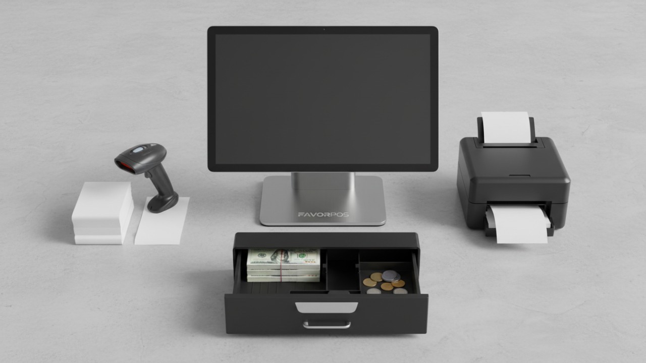 An organized flat lay of retail hardware including a terminal, scanner, and printer with the FAVORPOS brand name engraved on the device