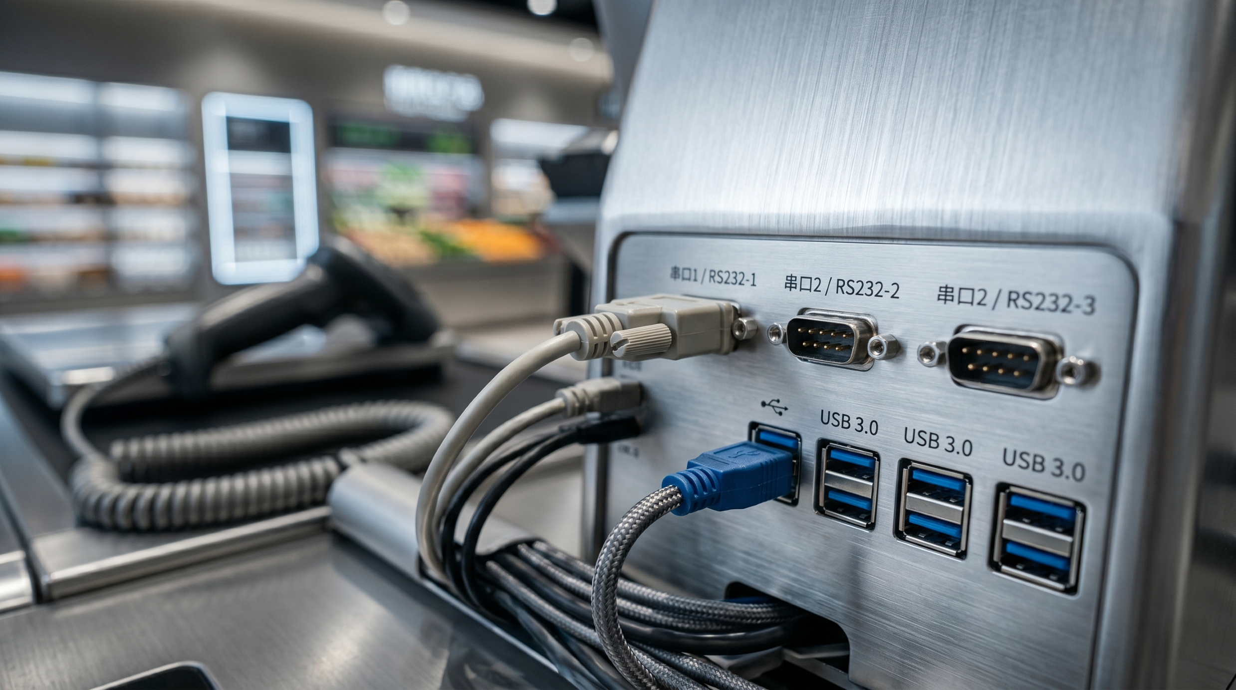 Close-up of POS terminal ports for barcode scanners and scales