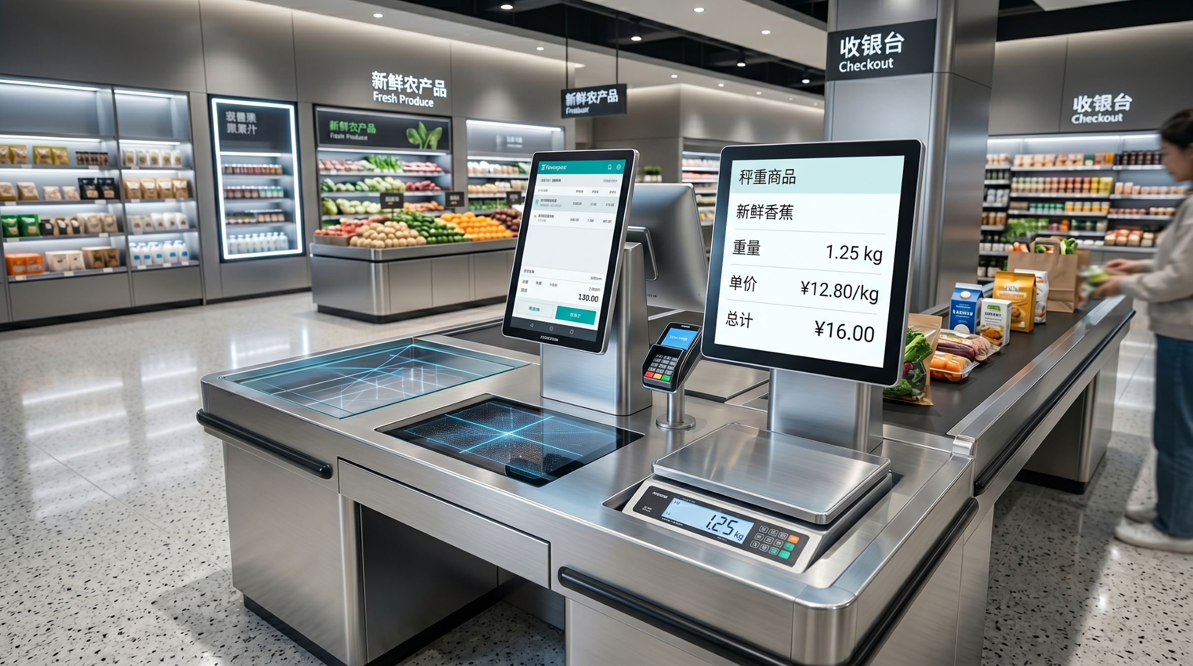Dual-screen POS terminal displaying real-time weighing data to customers.