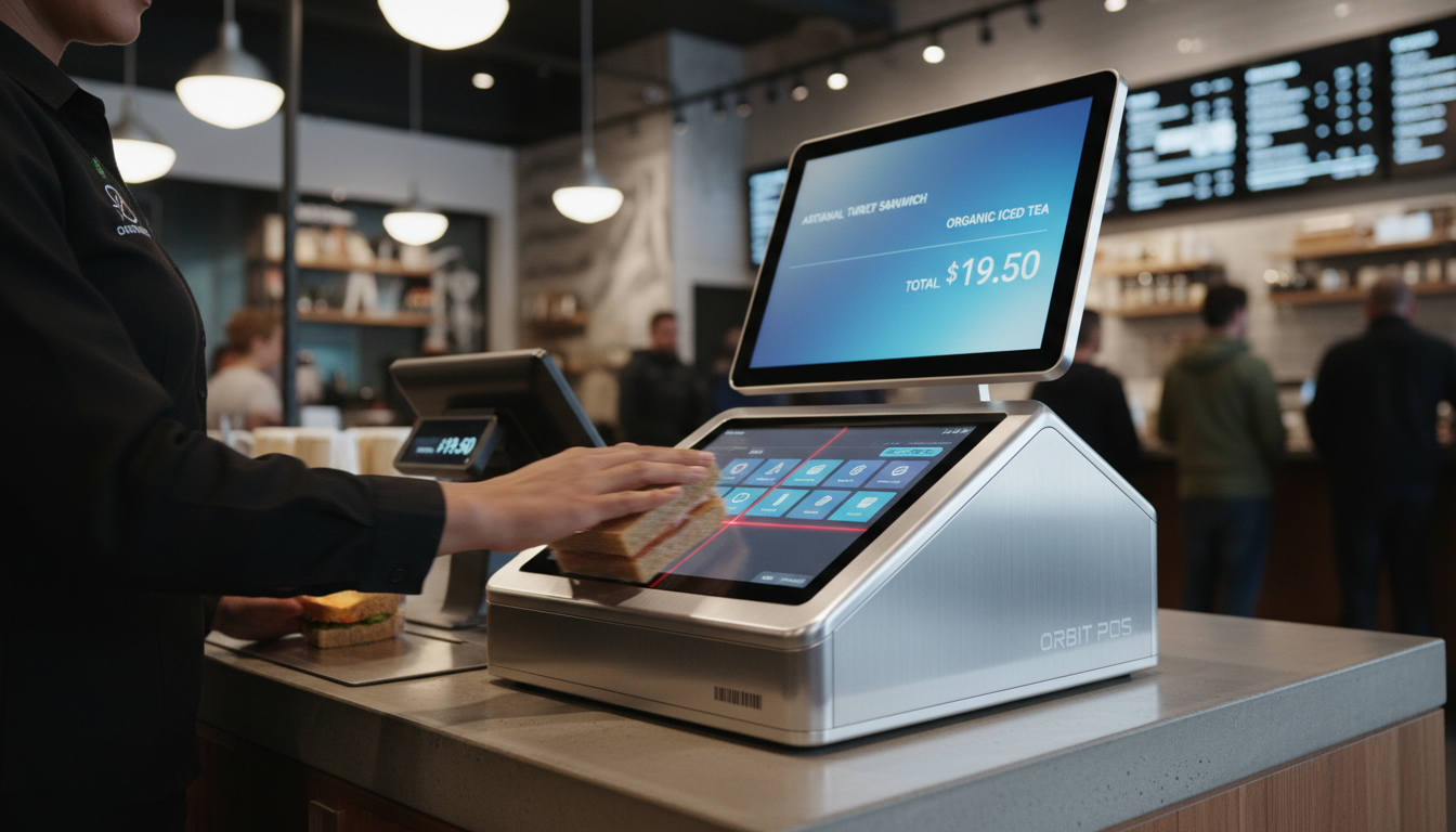 Dual-Screen POS terminal with integrated barcode scanner processing fast transactions