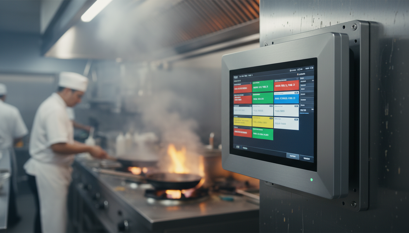 Fanless Kitchen Display System POS monitor operating in a hot commercial kitchen