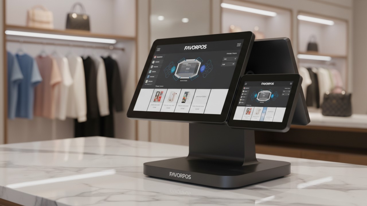 High quality FAVORPOS hardware solutions including a dual-screen POS terminal and peripherals in a luxury retail setting.