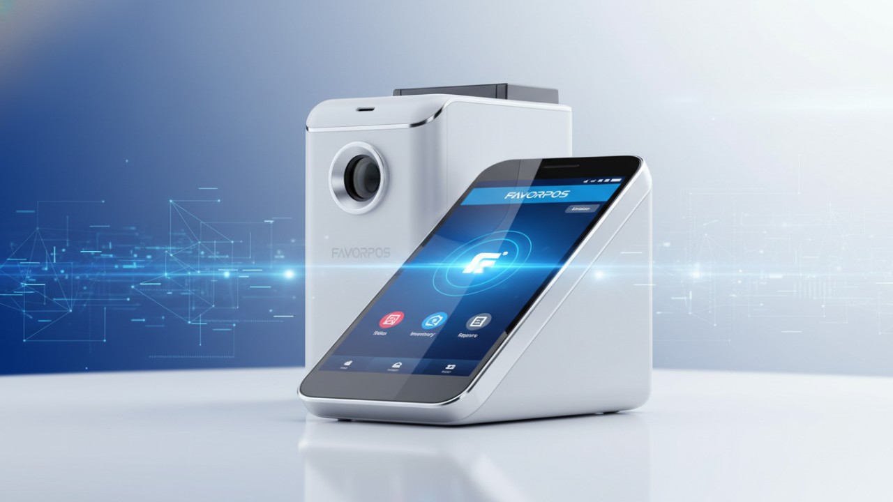 High-tech FAVORPOS mobile POS hardware with advanced integrated features on a clean digital background.