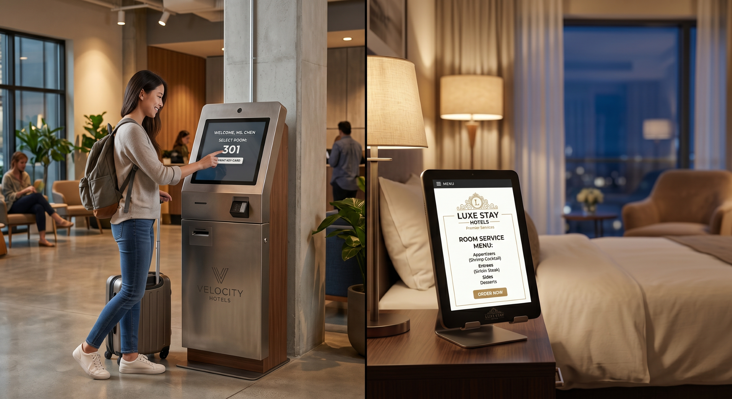 hotel self-check-in kiosk and in-room room service POS tablet