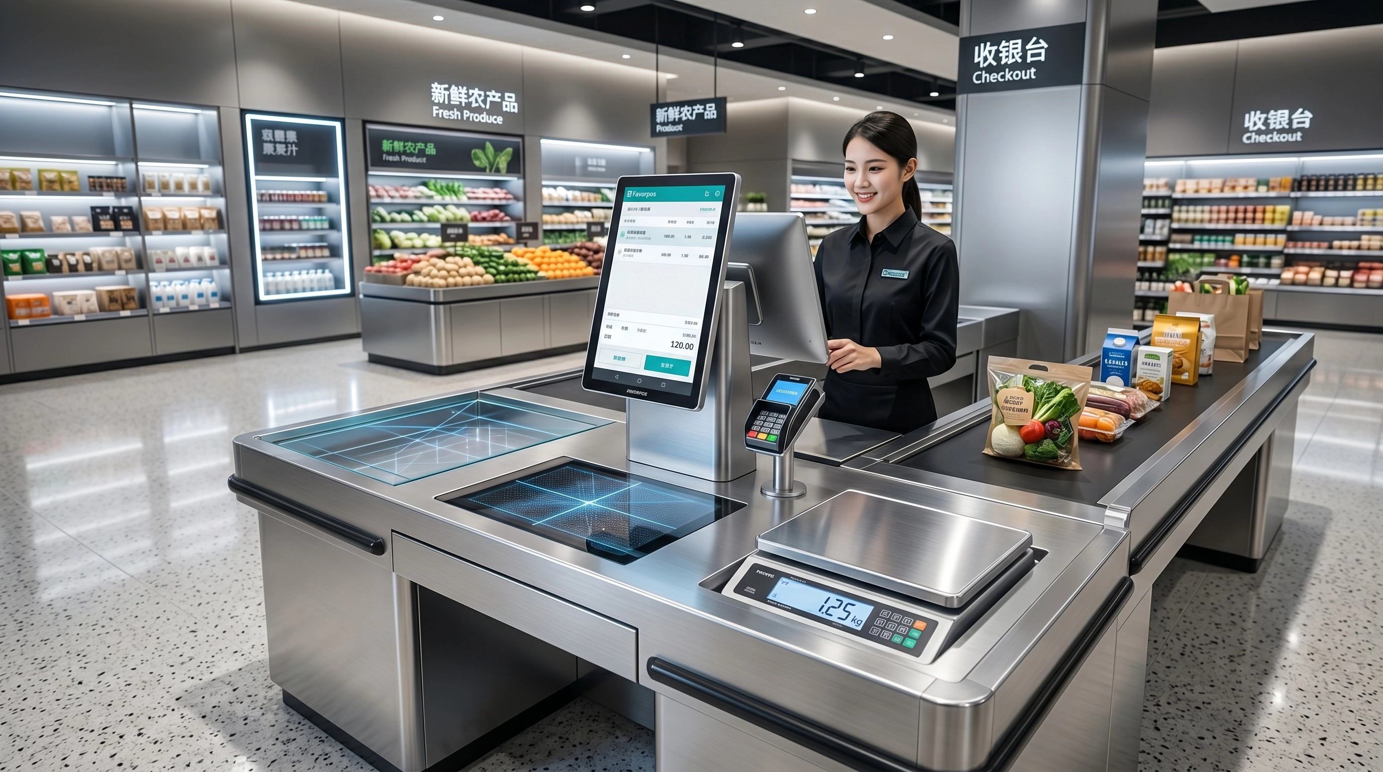 Integrated supermarket POS workstation with scale and barcode scanner.
