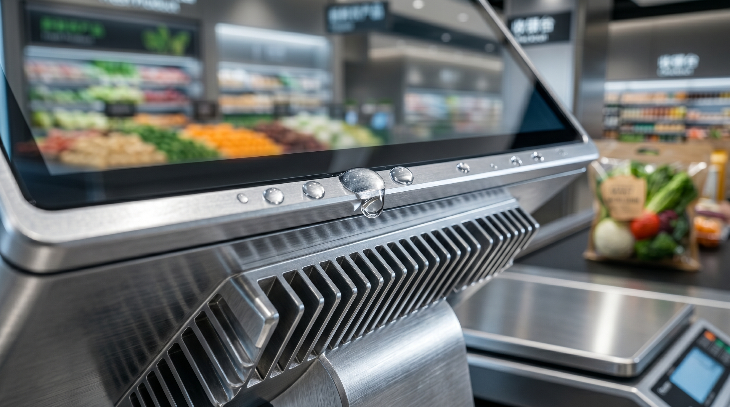IP65 rated fanless POS hardware for durable supermarket use.