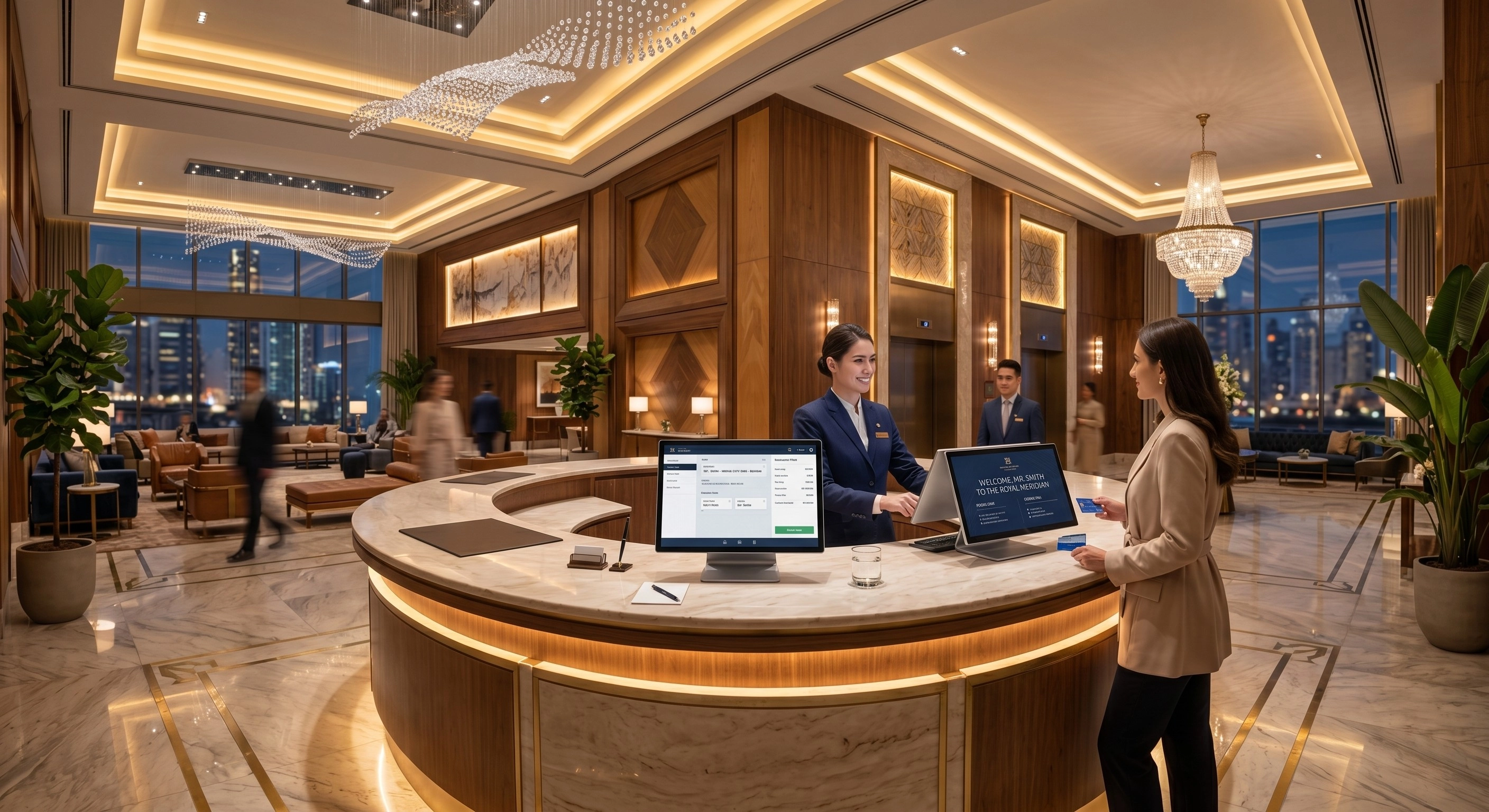 luxury hotel front desk with sleek dual-screen POS terminal