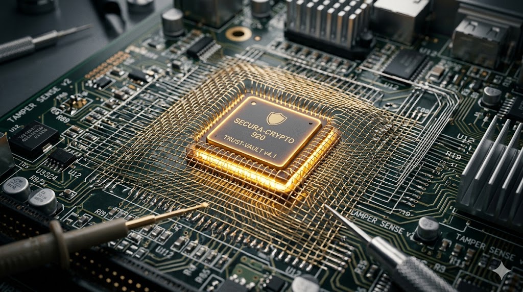 Physical anti-tamper mesh and secure chip in POS hardware