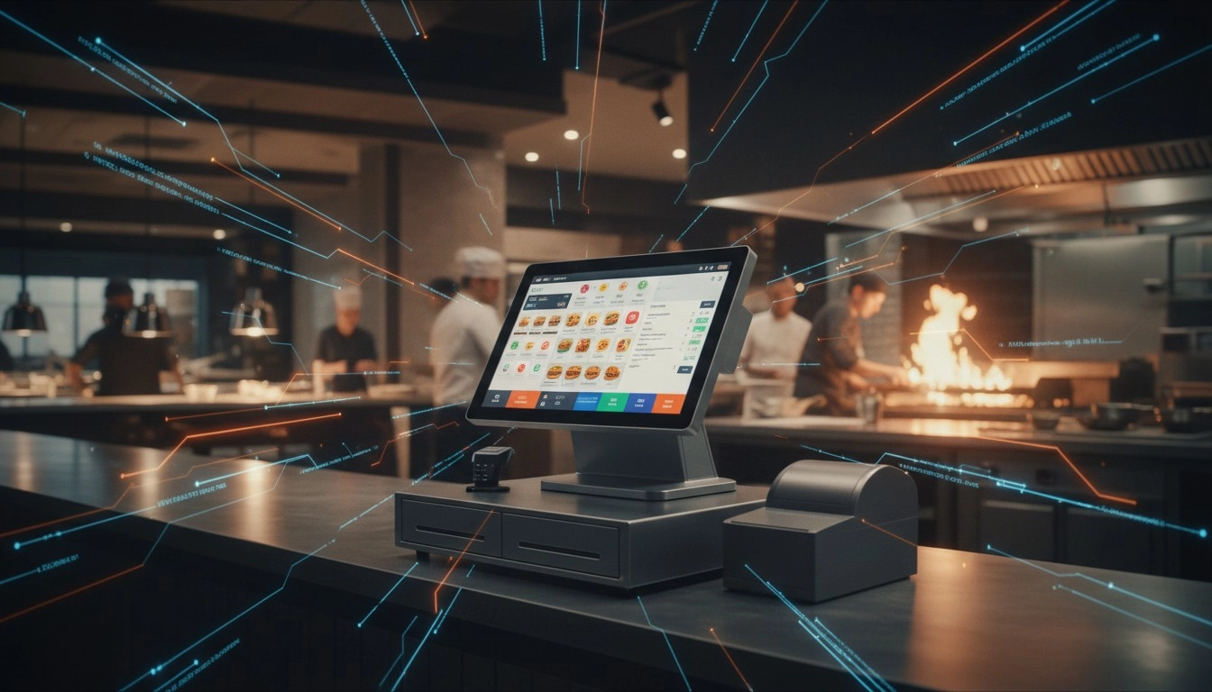 Sleek aluminum dual-screen POS terminal in a busy high-traffic restaurant