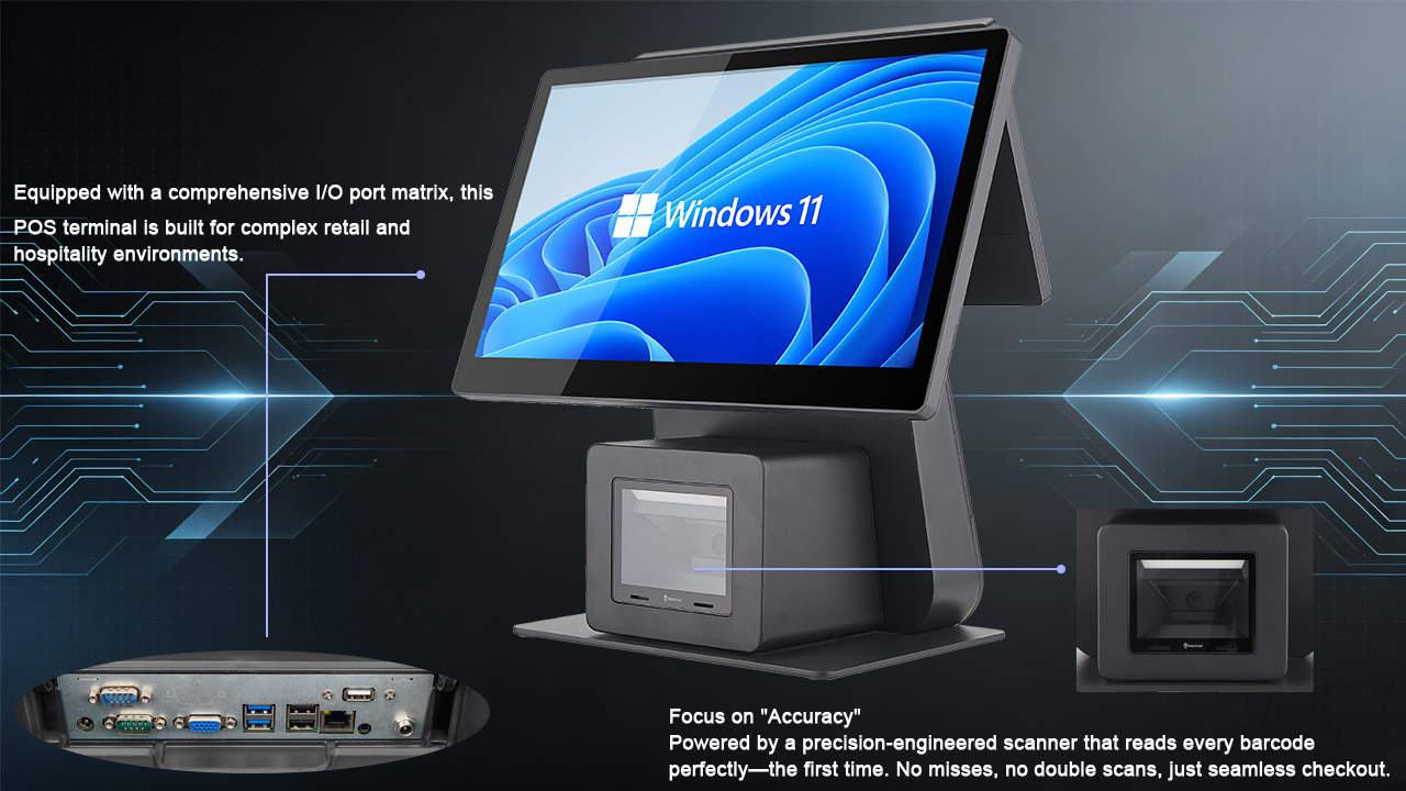 15.6-inch touchscreen POS terminal with an aluminum-alloy stand