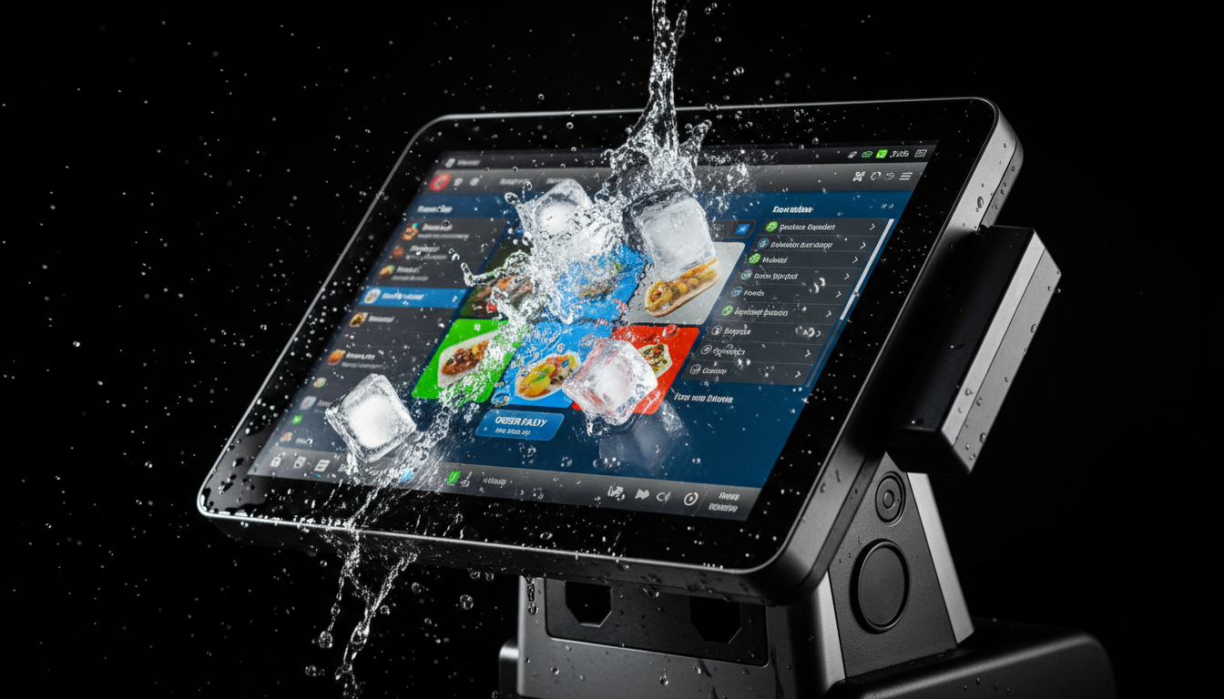 Waterproof restaurant POS touchscreen effectively resisting a liquid spill