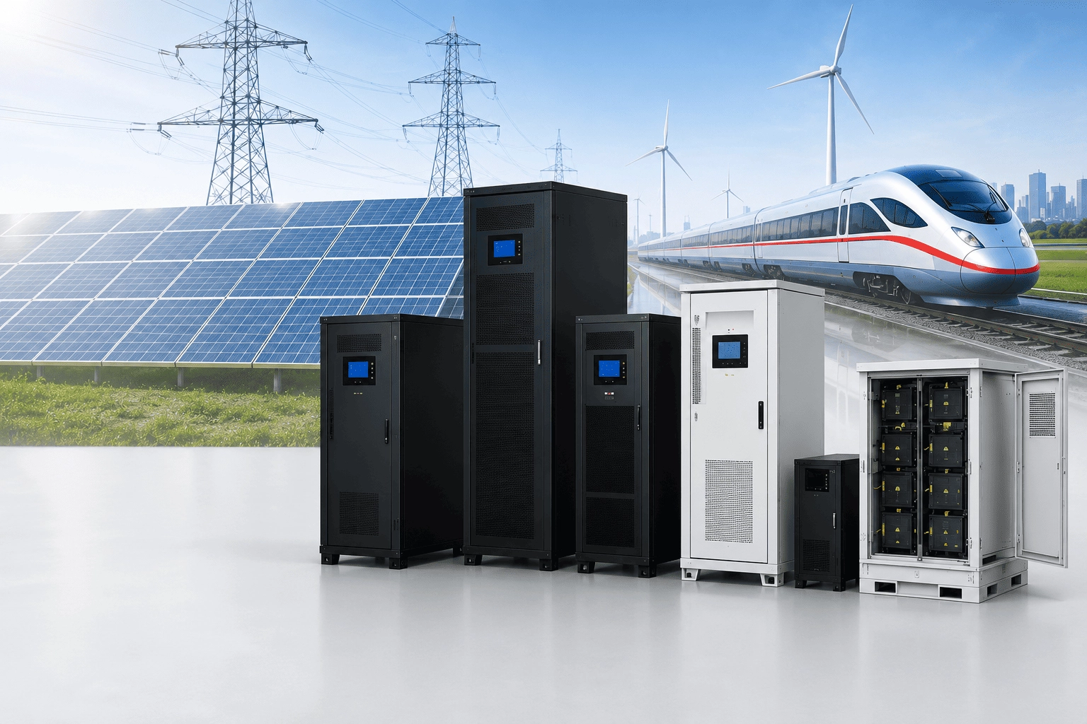 Industrial UPS systems with solar panels, wind turbines, and a high-speed train. - ShanPu