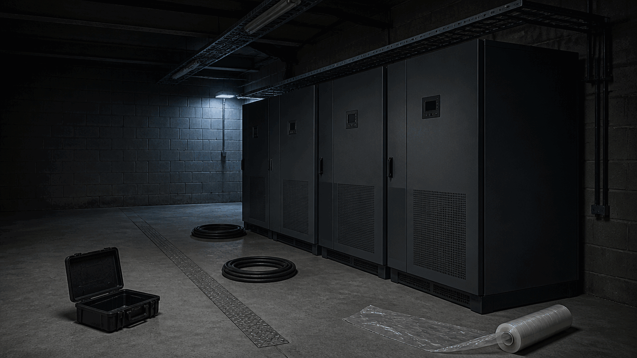 Modular UPS cabinets installed on site but not yet commissioned because the bus distribution box was still missing