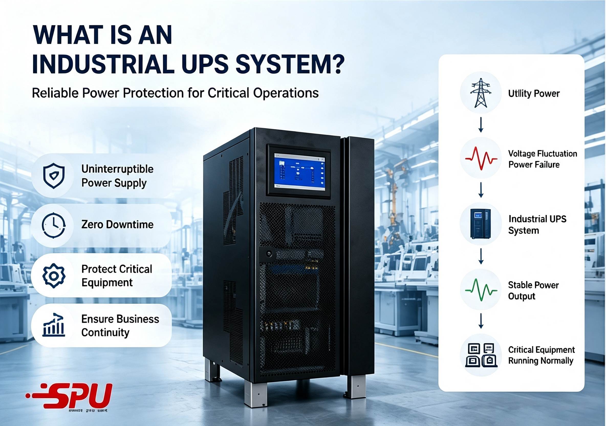 Industrial UPS system providing backup power for critical production equipment in a factory