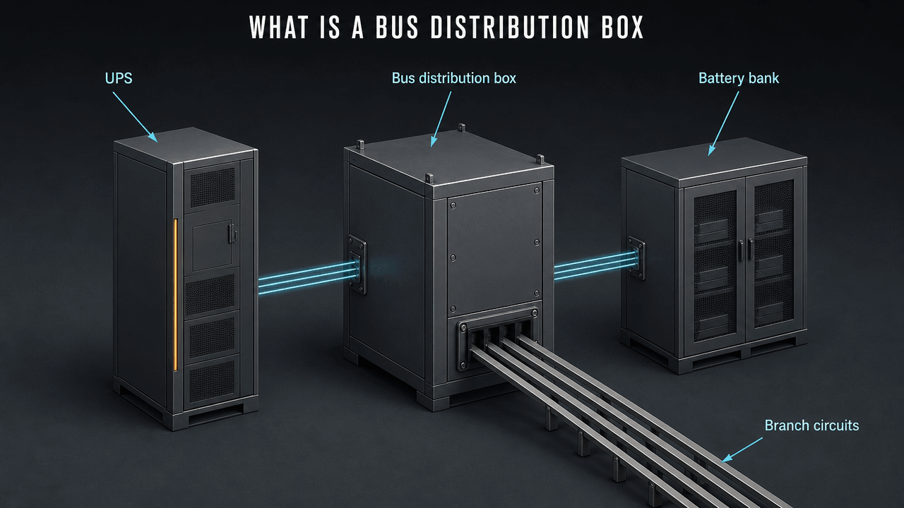 Diagram of a bus distribution box installed between a modular UPS and the battery bank feeding branch circuits