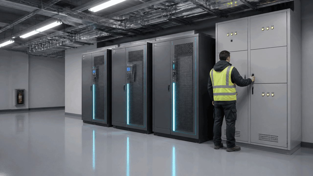 Modular UPS system running at stable output after commissioning with the bus distribution box installation complete