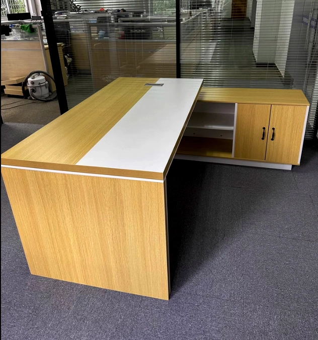 Prestige Executive Desk, Light Wood Top with Side Cabinet and Open Shelf, ODM Manufacturer – MEI YI Furniture - MEI YI