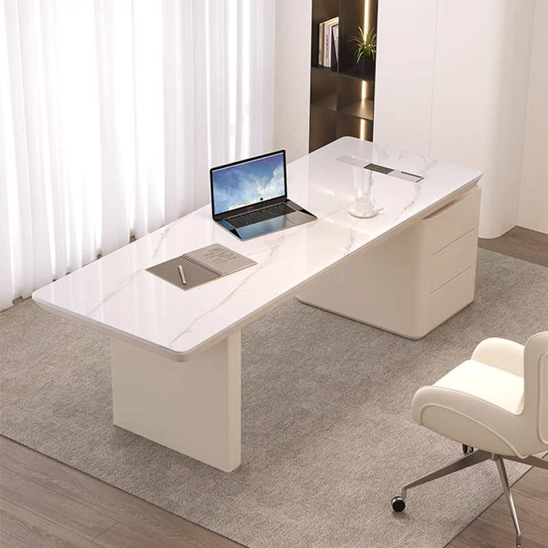Luxurious White Office Desk with Built-in Bookshelf & Cable Management. Maximizes compact spaces for ultimate efficiency and organization