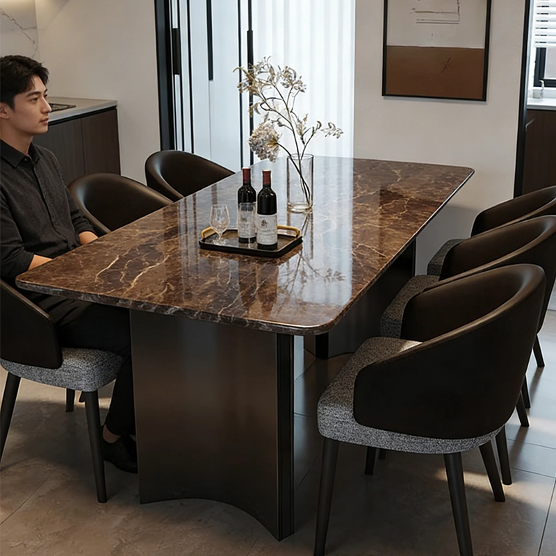 Contemporary European Dining Set, Marble Table with Stainless Steel Legs, Project Manufacturer – MEI YI Furniture - MEI YI