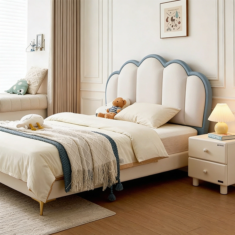 Designer Girls Bed Frame, Cream Cloud Upholstered Leather Single Bed, OEM Producer – MEI YI Furniture - MEI YI