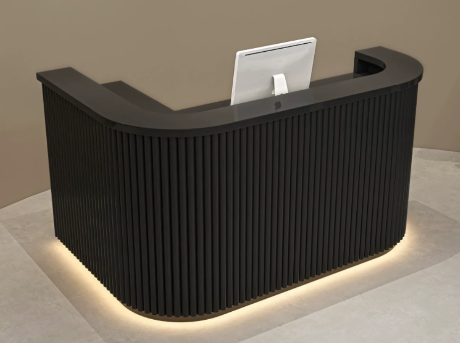 Custom length curved reception desk with vertical ribbed panels - MEI YI