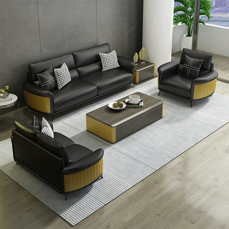 Opposite-angle view of the MEI YI commercial leather sofa showing the plush seating and the elegant three-sided supportive base. - MEI YI