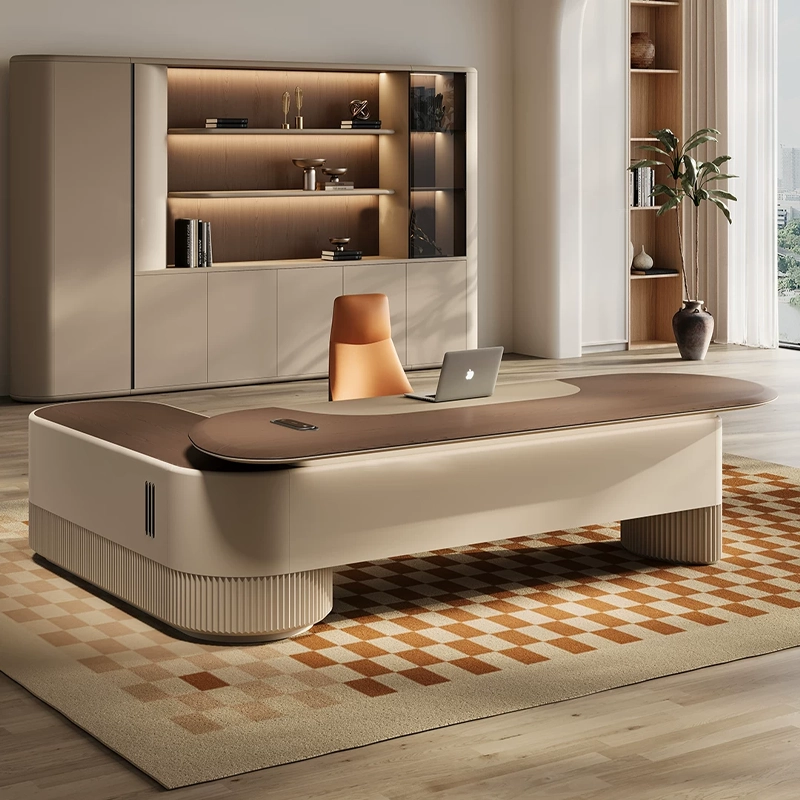 Modern luxury L-shaped executive desk with leather top and fluted base for corporate CEO suites - MEI YI